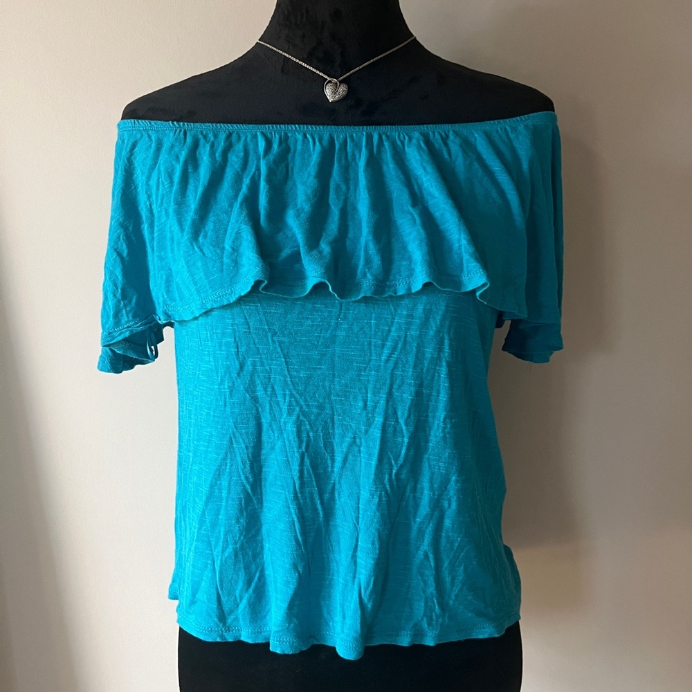Cloud Chaser Off-Shoulder Ruffle Top — Turquoise Blue